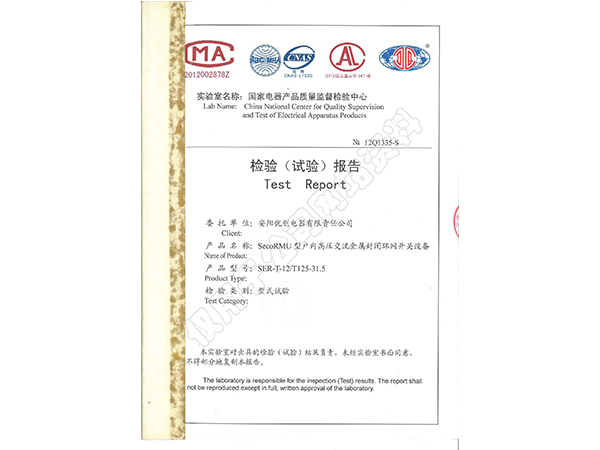 環(huán)網(wǎng)柜系列報告證書(shū)